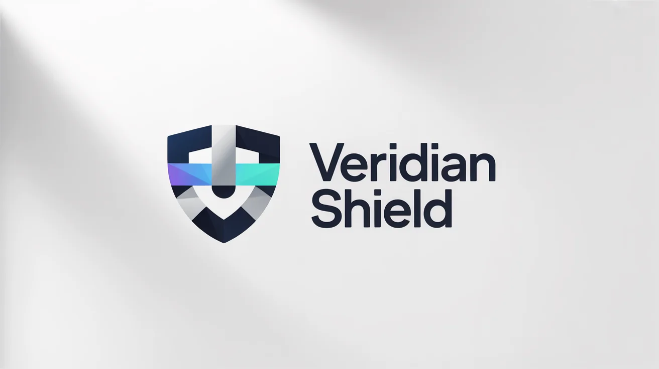A modern security logo for a company named 'Veridian Shield'. The logo features a geometric shield in navy blue and silver, next to the company name in a bold font, all on a white background.