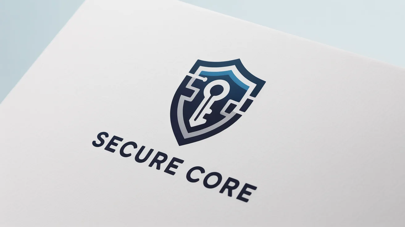 A professional security company logo mockup featuring a navy blue and silver shield with an integrated key and circuit design. The words 'SECURE CORE' are written below the icon.