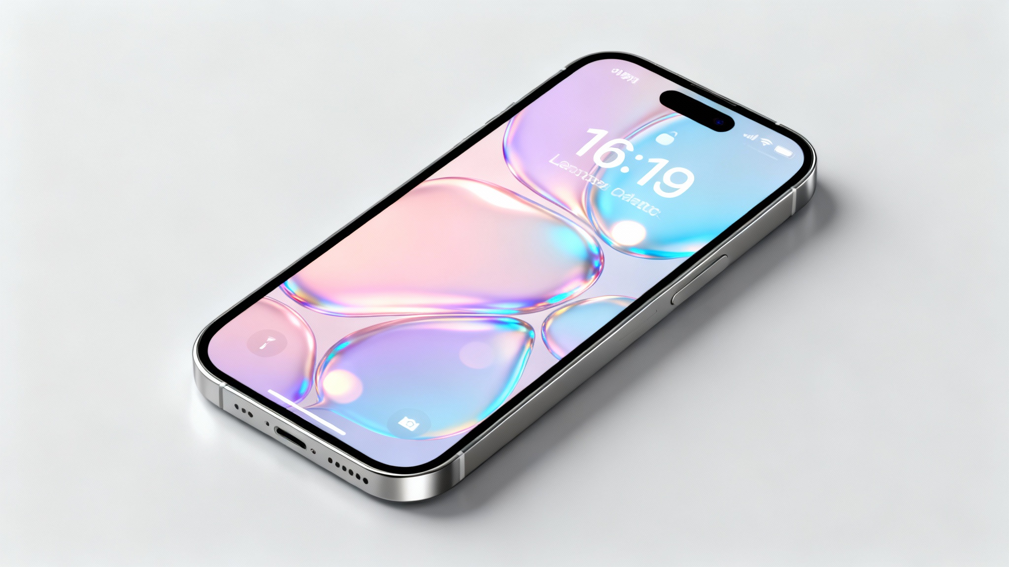 A close-up shot of a modern iPhone displaying a beautiful, abstract 3D wallpaper with flowing pastel colors on its lock screen. The phone is angled on a clean, light surface.