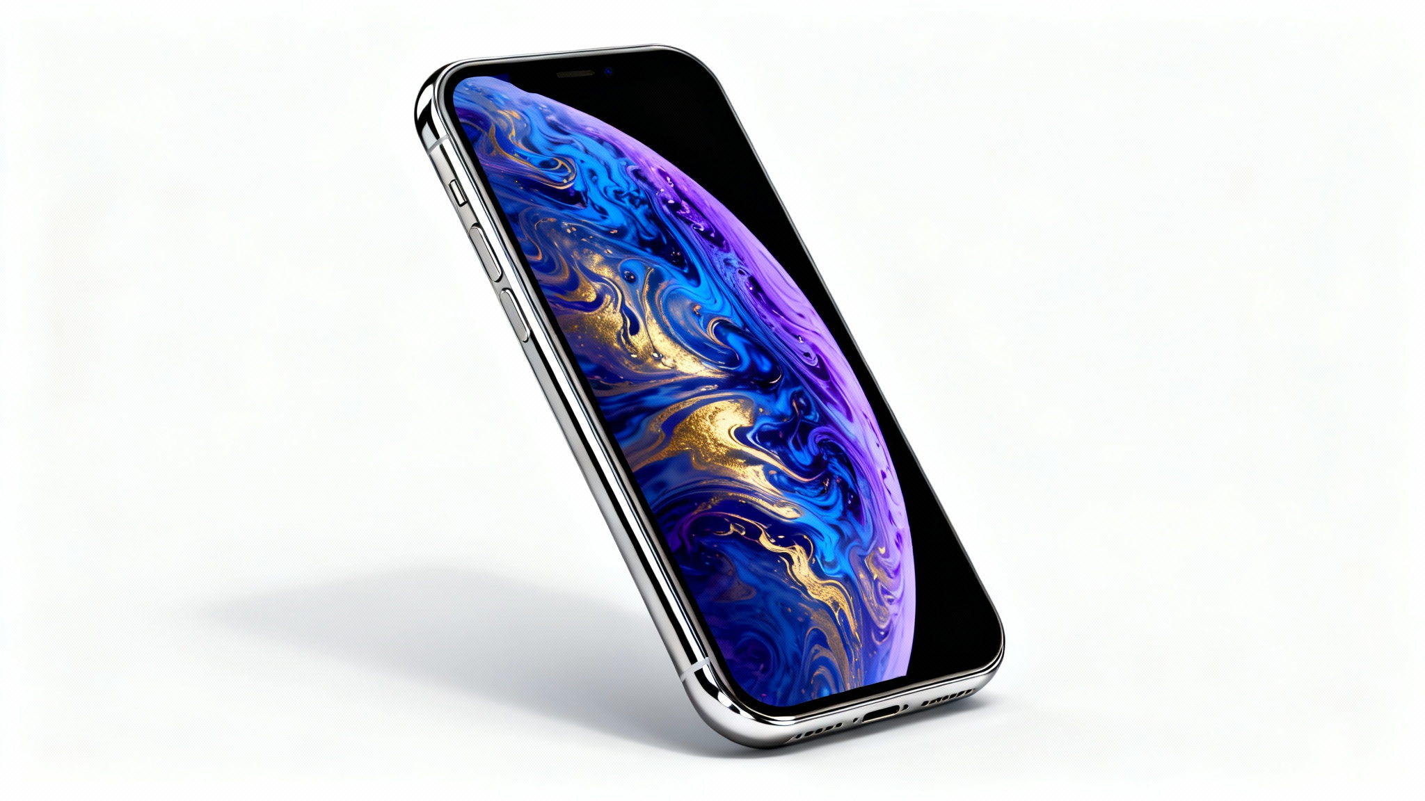 A close-up of a modern iPhone showcasing a vibrant, abstract wallpaper with blue and gold swirls, presented as a professional product mockup against a white background.