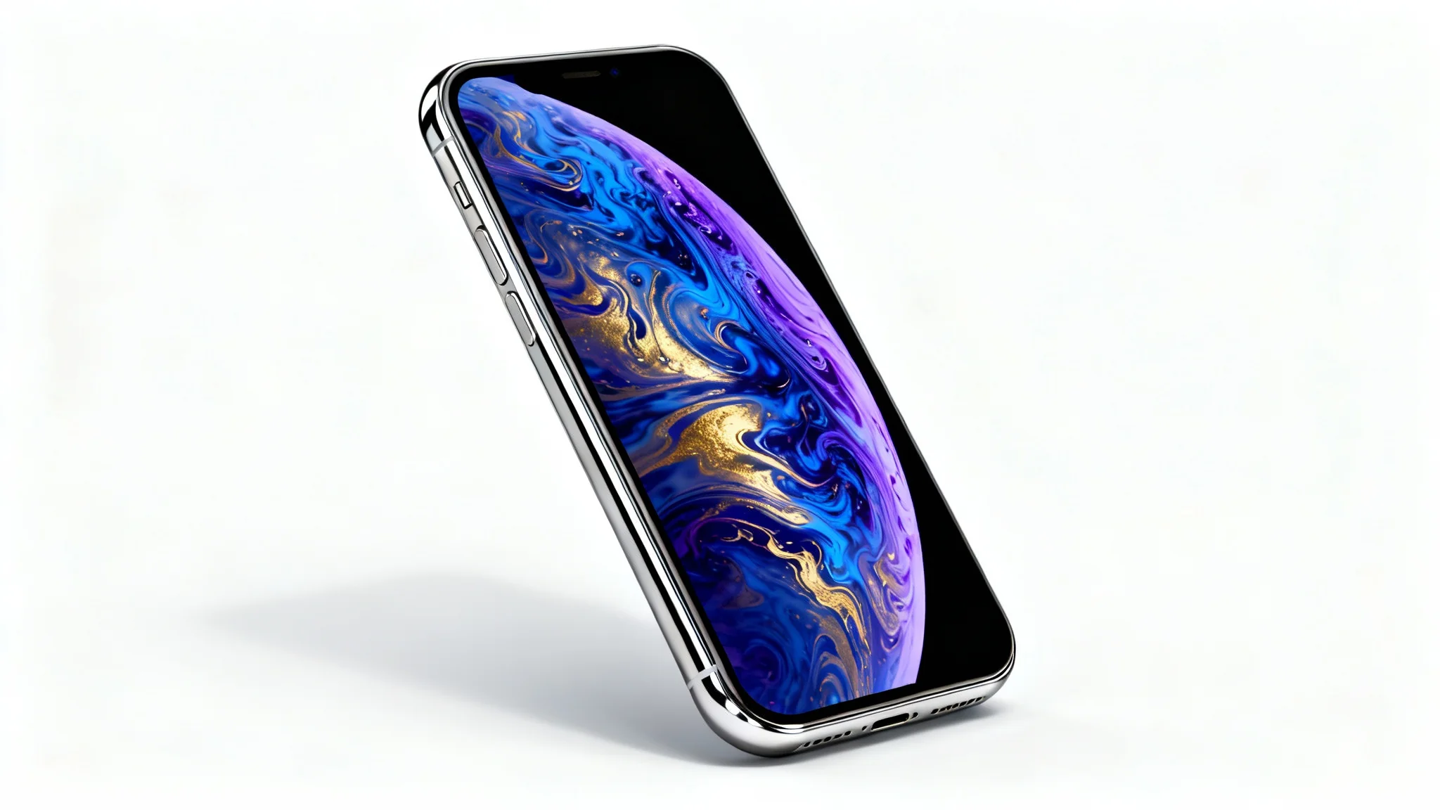 A close-up of a modern iPhone showcasing a vibrant, abstract wallpaper with blue and gold swirls, presented as a professional product mockup against a white background.