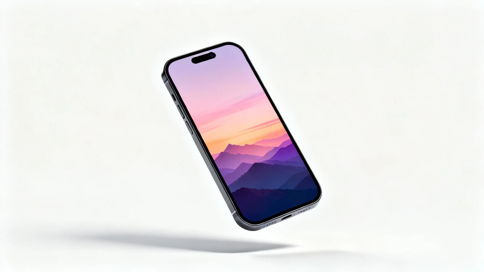 A photorealistic mockup of a modern smartphone displaying a vibrant sunset mountain landscape wallpaper, floating against a clean white background.
