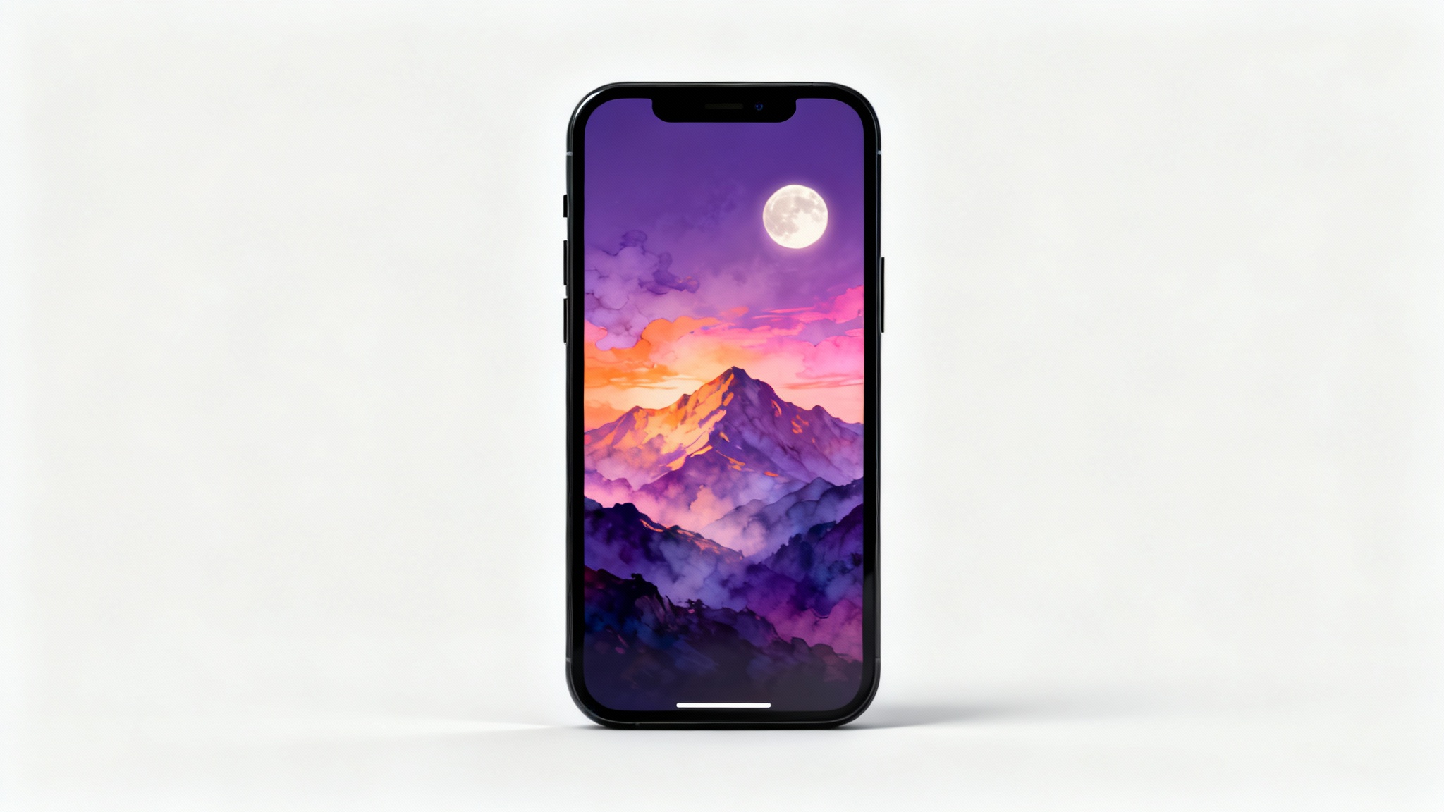 A mockup of a sleek black smartphone showcasing a vibrant wallpaper of a surreal purple and orange mountain landscape at sunset, set against a plain white background.