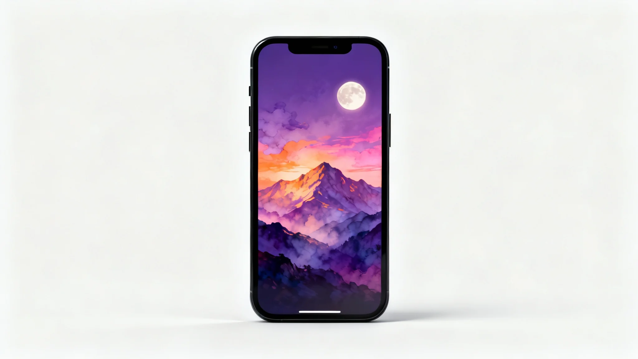 A mockup of a sleek black smartphone showcasing a vibrant wallpaper of a surreal purple and orange mountain landscape at sunset, set against a plain white background.