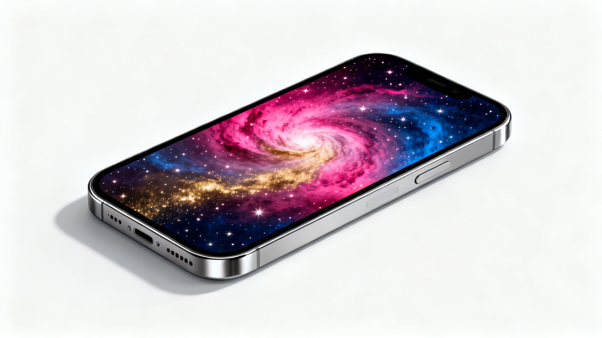 A photorealistic mockup of a modern iPhone displaying a vibrant celestial nebula wallpaper, set against a clean white background.