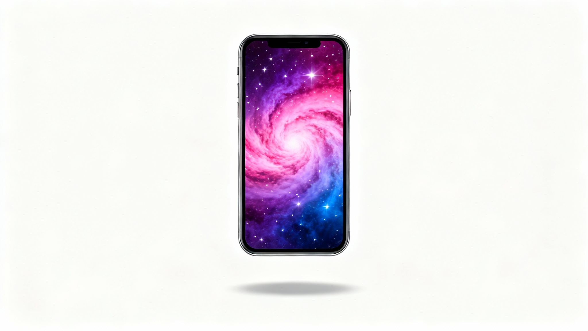 A modern smartphone mockup displaying a vibrant and colorful abstract space nebula wallpaper, set against a clean white background.