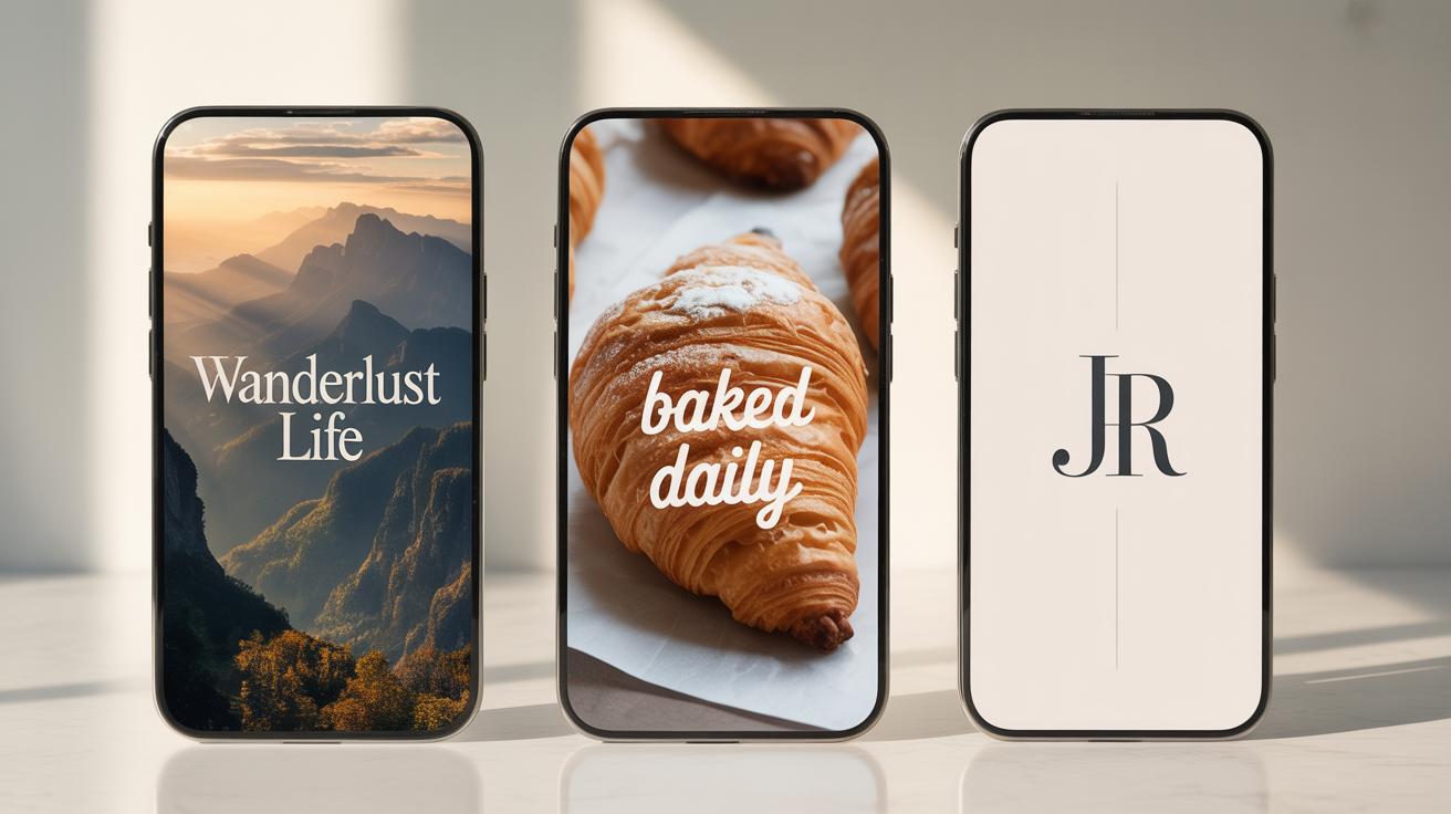 Three examples of final, professionally designed WhatsApp cover photos for a travel blogger, a bakery, and a personal profile, shown as the output of a design tool.
