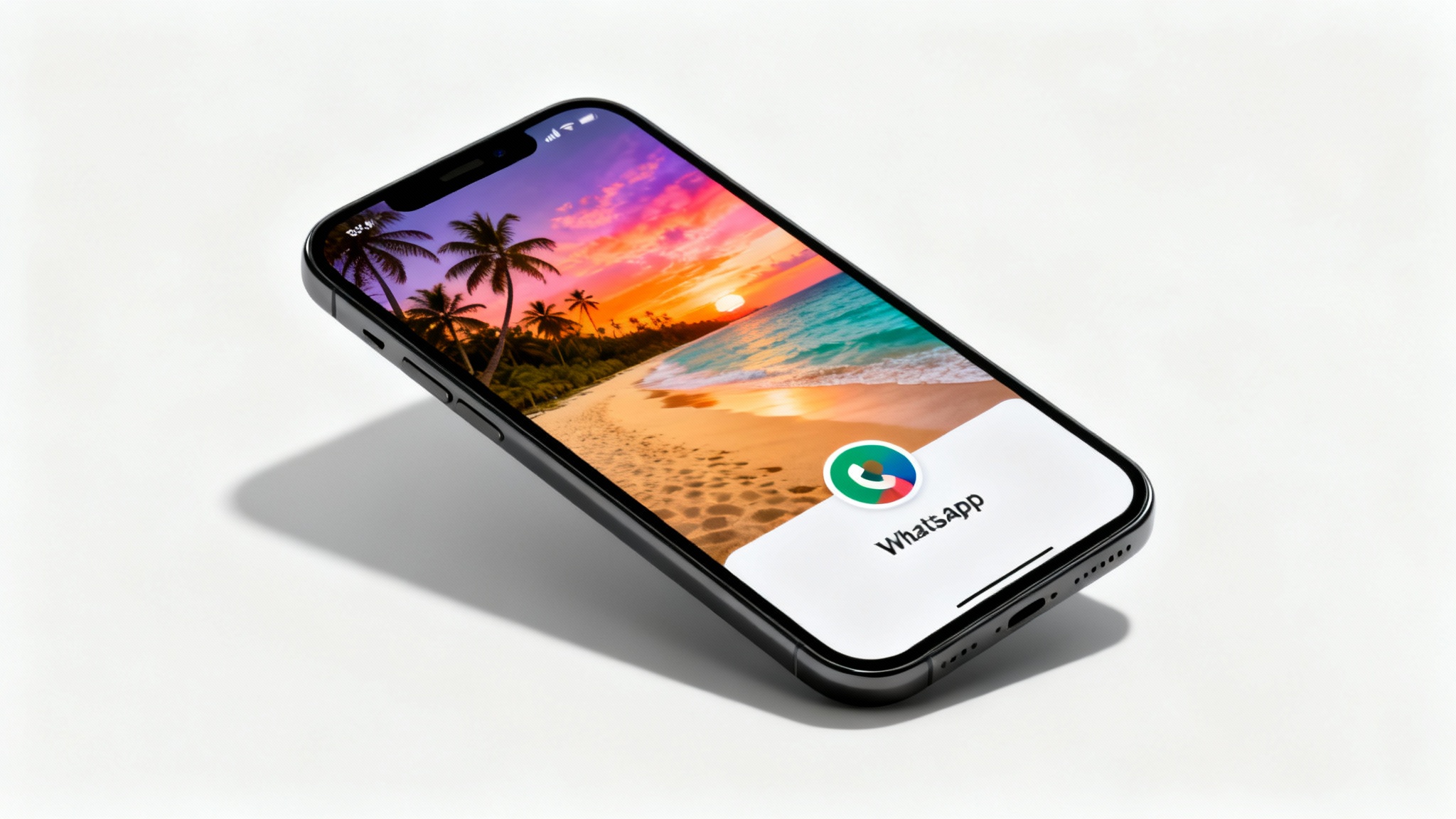 A mockup of a smartphone screen displaying a beautiful tropical beach sunset as a WhatsApp cover photo, set against a clean white background.
