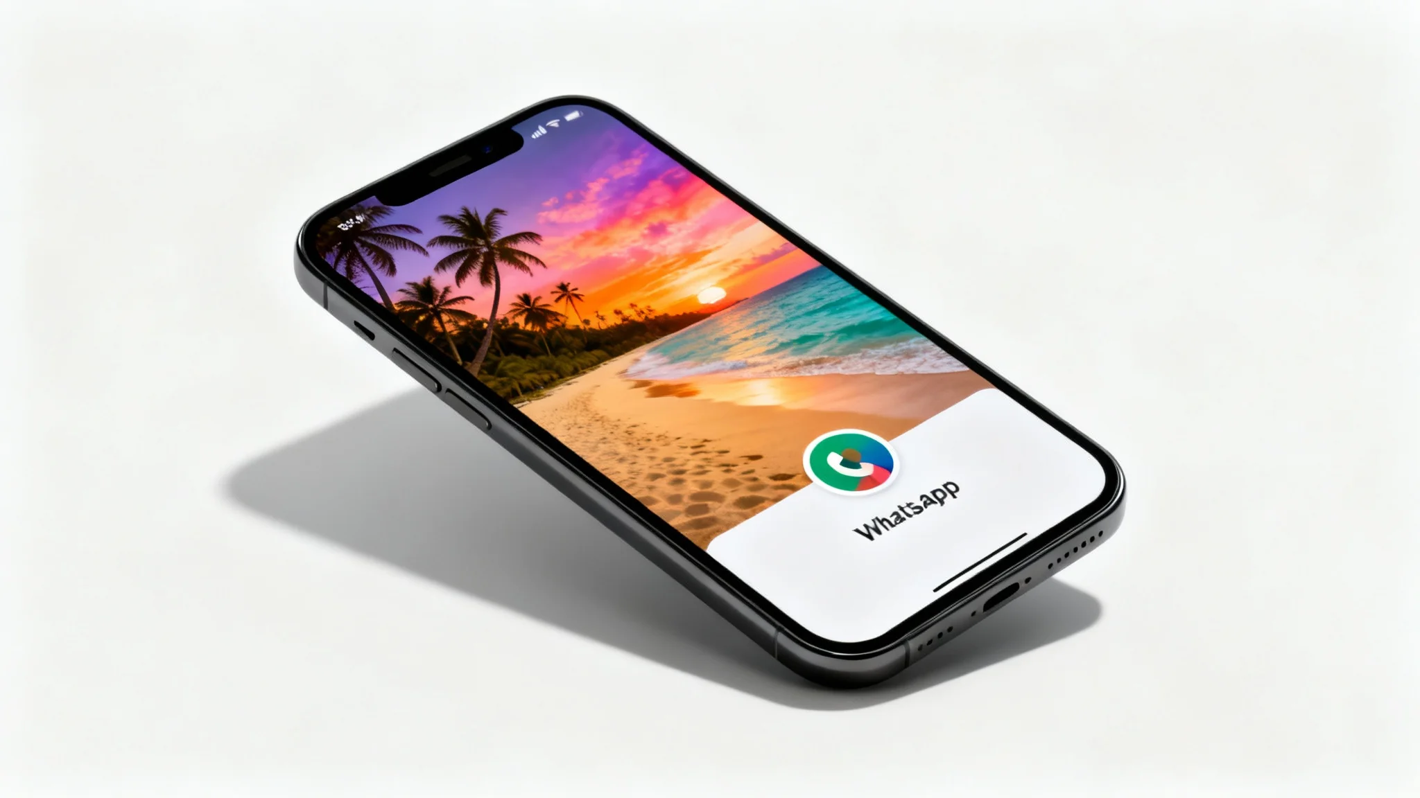 A mockup of a smartphone screen displaying a beautiful tropical beach sunset as a WhatsApp cover photo, set against a clean white background.