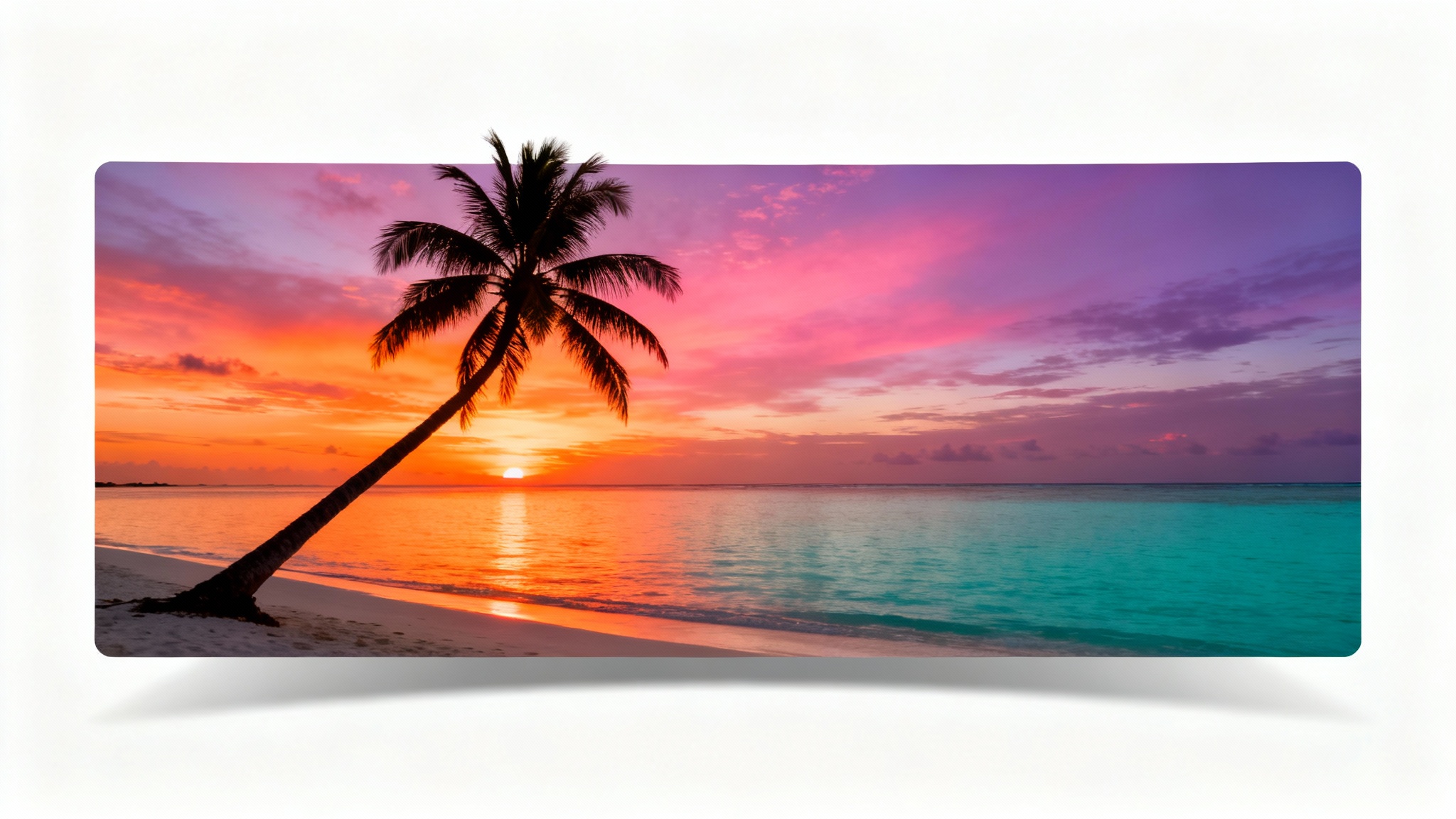 A mockup of a WhatsApp cover photo featuring a beautiful tropical beach sunset, displayed as a wide banner against a clean white background.