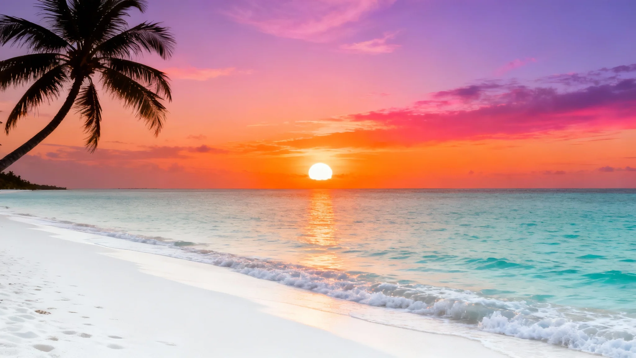 A mockup of a WhatsApp cover photo featuring a stunning tropical beach sunset with a palm tree, displayed on a clean white background.