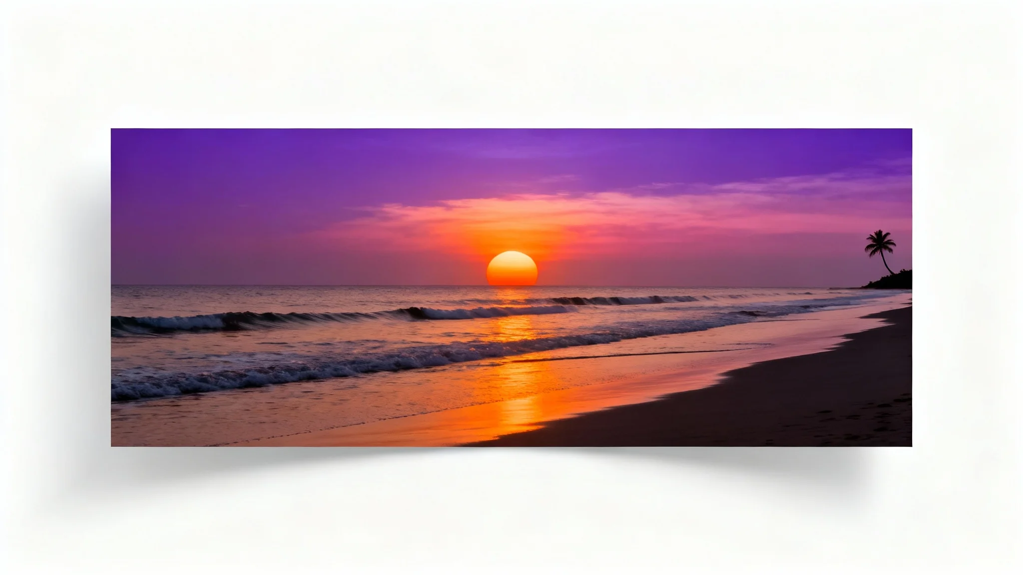 A mockup of a WhatsApp cover photo, showing a beautiful sunset beach scene with a palm tree, presented on a clean white background.