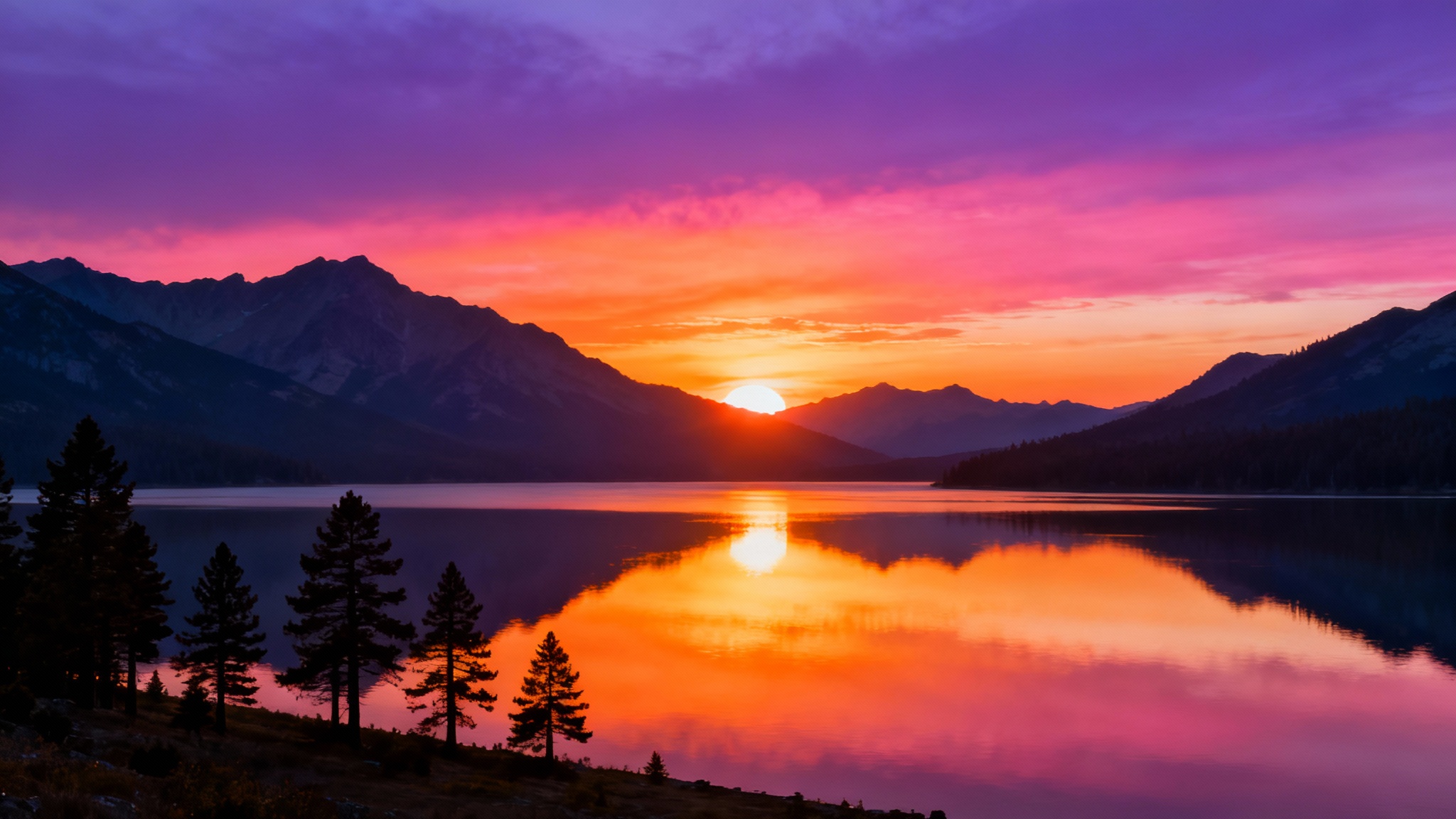 A mockup of a WhatsApp cover photo showing a majestic mountain lake at sunset, with the colorful sky and mountains reflected in the calm water. The image is set against a plain white background.