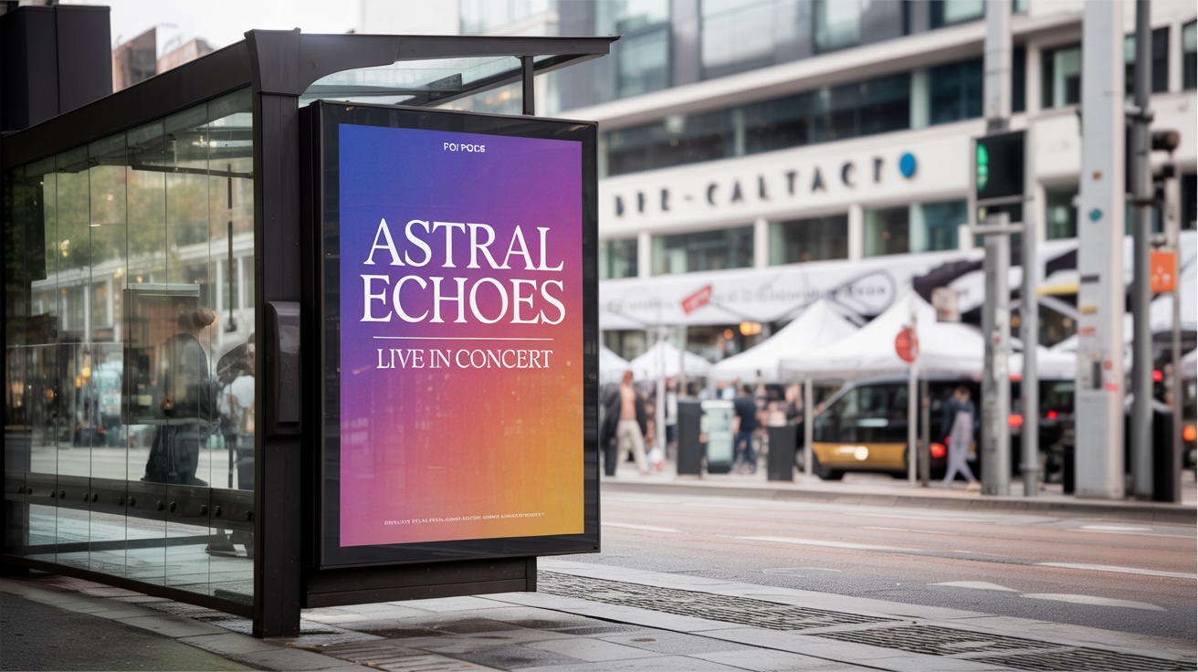 A professional mockup of a poster for the 'ASTRAL ECHOES' music event, displayed in a brightly lit, modern bus stop shelter on a city street at dusk.