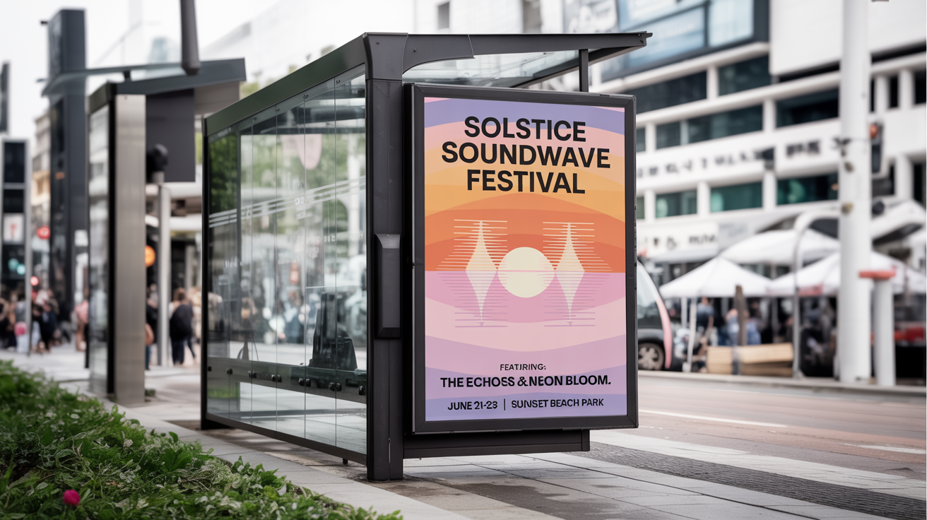 A photorealistic mockup of a modern bus stop ad shelter against a white background, displaying a vibrant poster for the 'Solstice Soundwave Festival'.