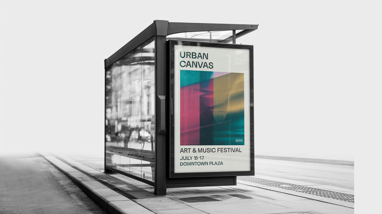 A realistic mockup of a poster advertising the 'URBAN CANVAS' art and music festival, displayed within a modern bus stop ad shelter, set against a clean white background.