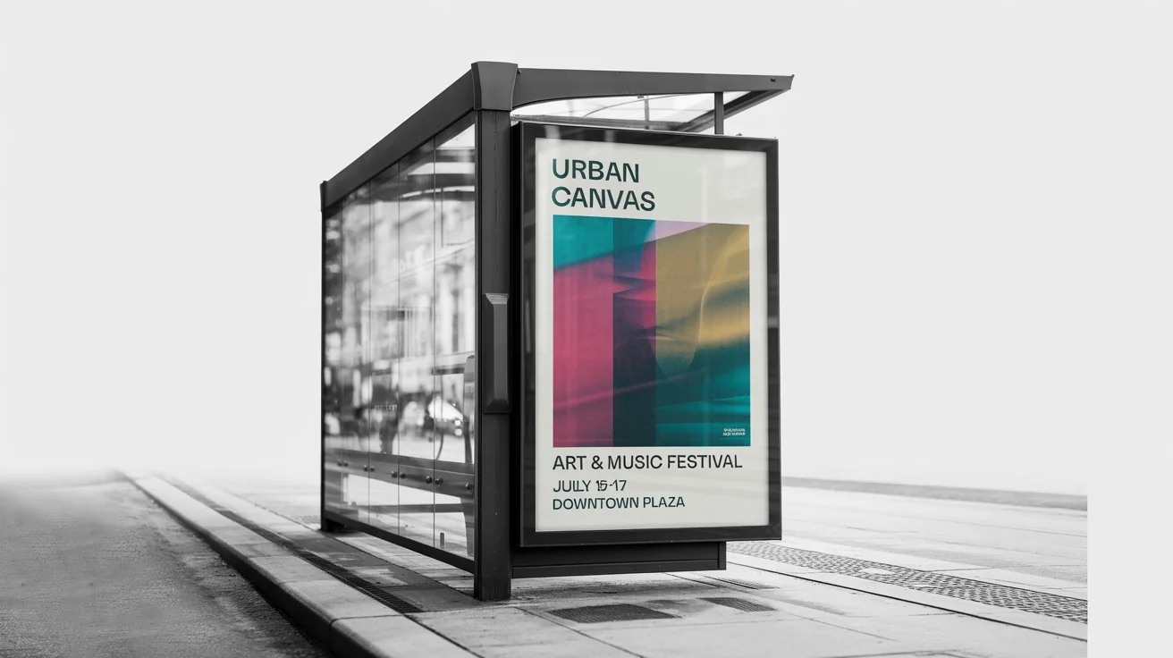 A realistic mockup of a poster advertising the 'URBAN CANVAS' art and music festival, displayed within a modern bus stop ad shelter, set against a clean white background.