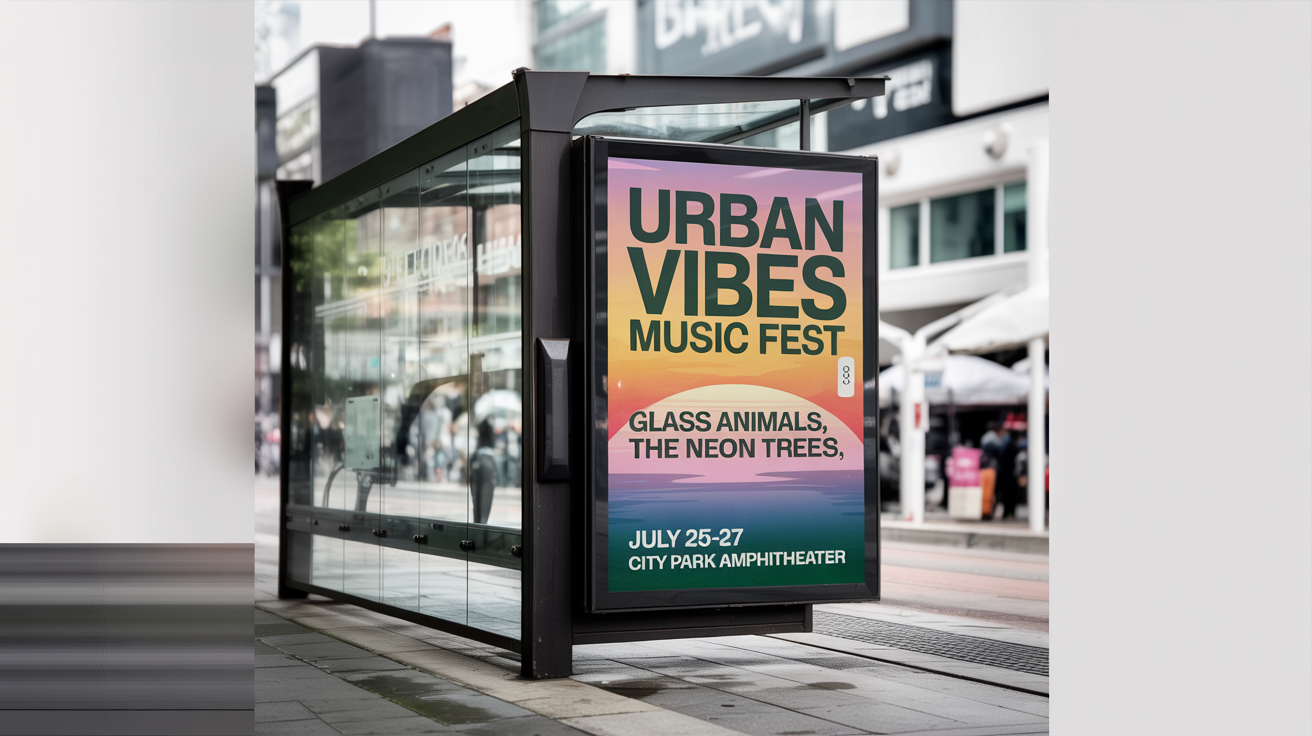 A photorealistic mockup of a poster for the 'Urban Vibes Music Fest' displayed inside a modern bus stop shelter against a plain white background.