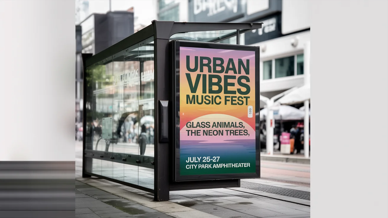 A photorealistic mockup of a poster for the 'Urban Vibes Music Fest' displayed inside a modern bus stop shelter against a plain white background.
