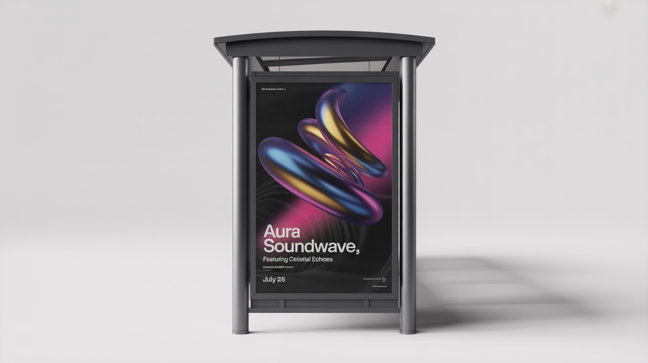 A photorealistic mockup of a poster for a music event called 'AURA SOUNDWAVE' displayed inside a modern bus stop shelter, set against a plain white background.