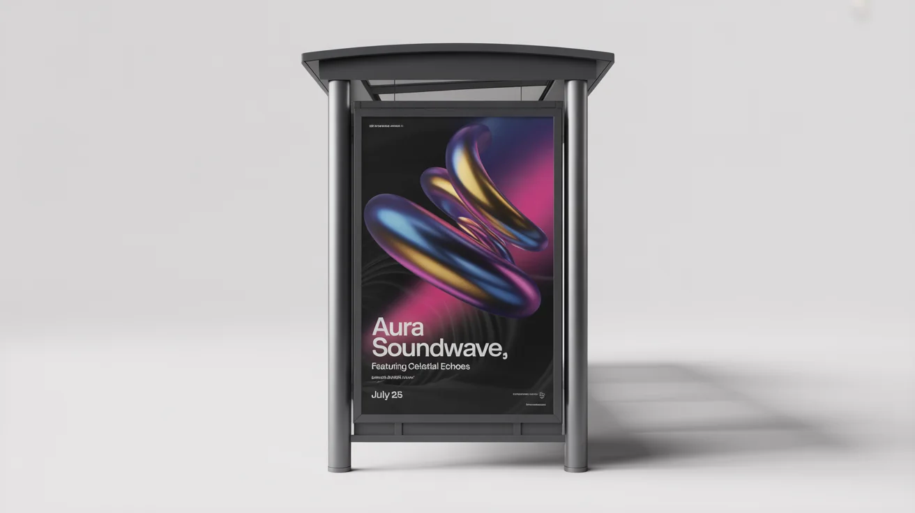 A photorealistic mockup of a poster for a music event called 'AURA SOUNDWAVE' displayed inside a modern bus stop shelter, set against a plain white background.