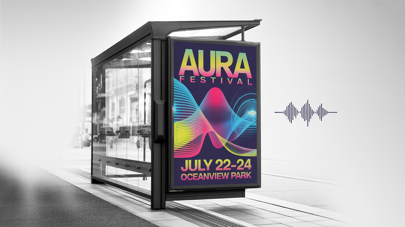 A professional mockup of a bus stop poster for a fictional music festival named 'AURA FESTIVAL', encased in a modern glass and metal frame against a plain white background.