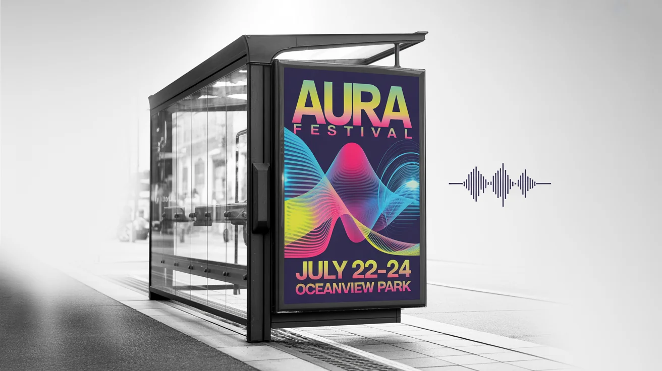 A professional mockup of a bus stop poster for a fictional music festival named 'AURA FESTIVAL', encased in a modern glass and metal frame against a plain white background.
