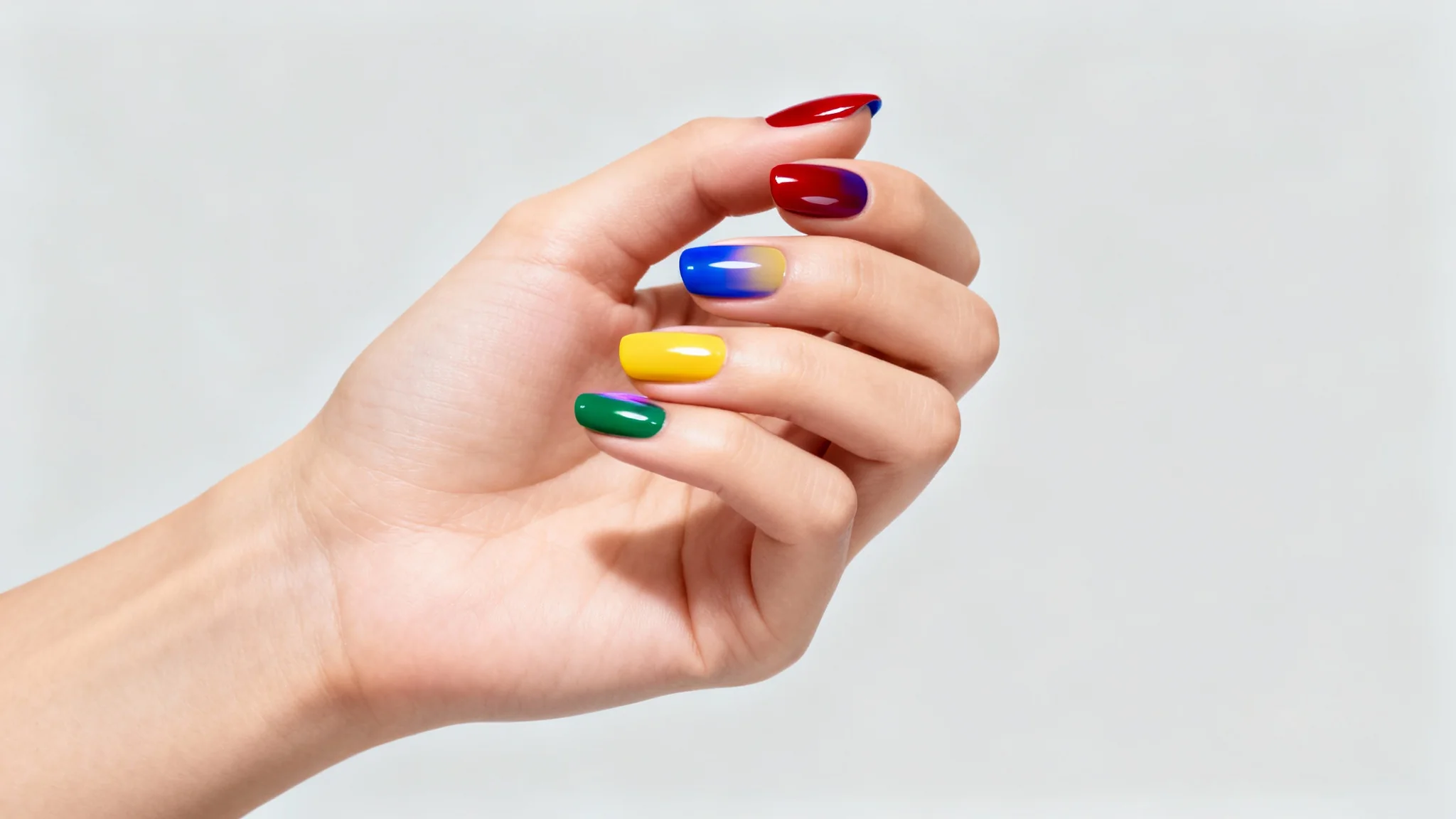 A photorealistic close-up of a manicured hand with each nail painted a different vibrant, glossy color, showing the result of a virtual nail polish try-on tool.