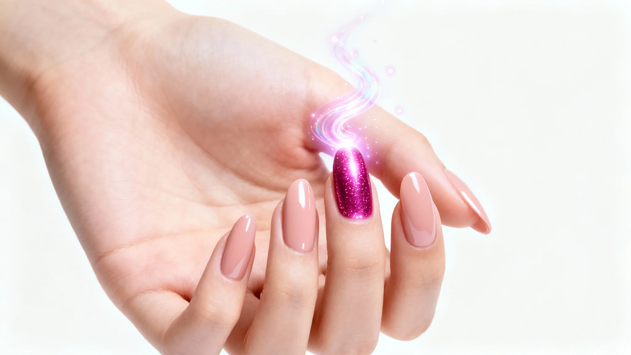 An elegant hand with nude nail polish, with a glowing, holographic magenta color being virtually applied to the index fingernail against a plain white background, illustrating a virtual try-on.