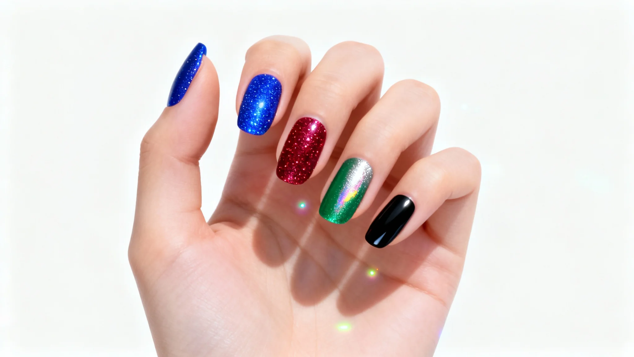 A close-up of a woman's hand with each nail painted a different vibrant color, demonstrating a virtual nail polish try-on application.