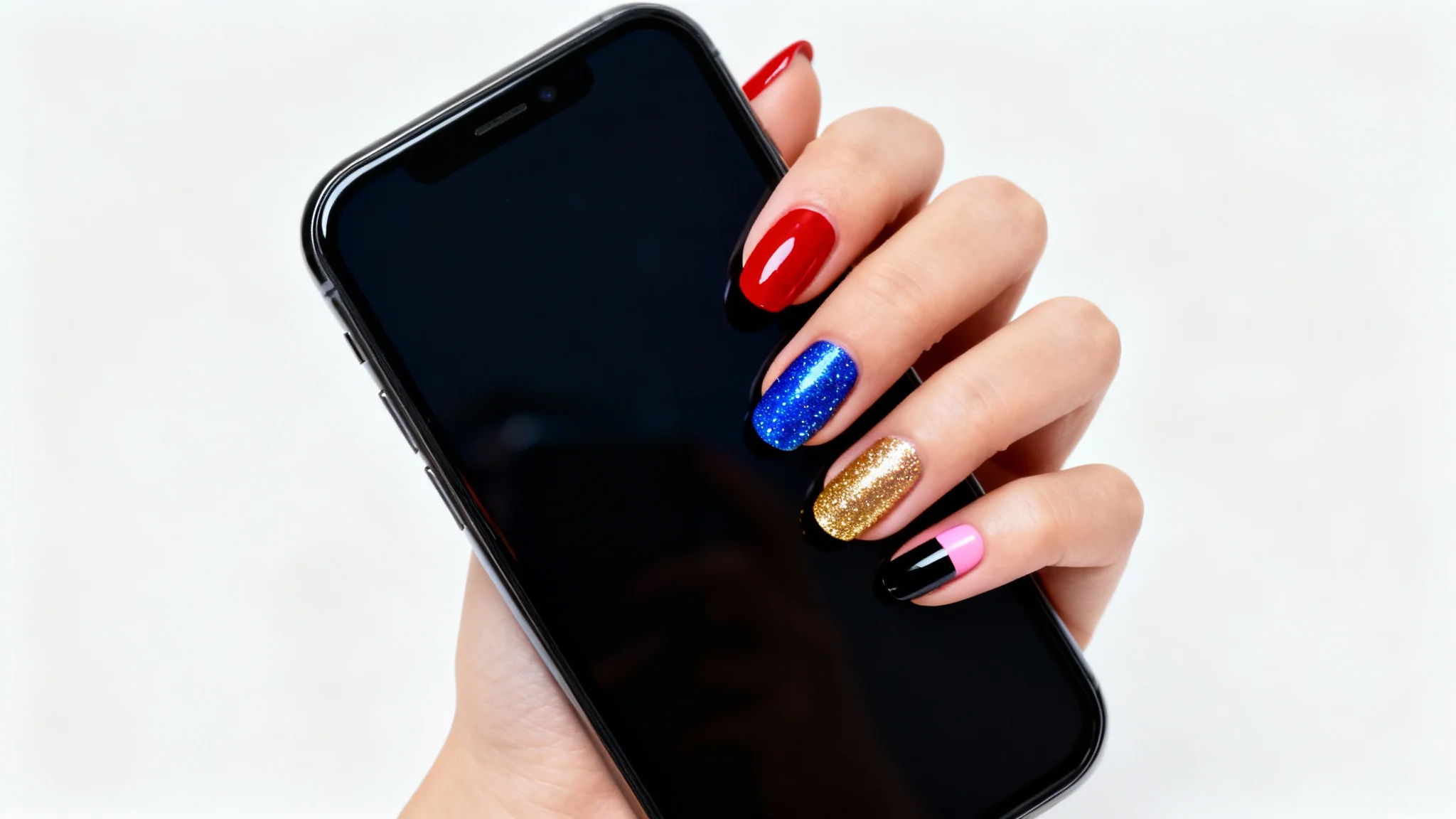 A close-up of a woman's hand with each nail painted a different vibrant color, holding a smartphone against a clean white background, illustrating a virtual nail polish try-on.