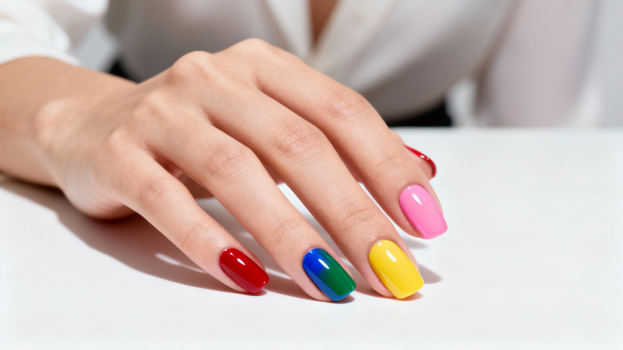 A close-up of a woman's hand with each nail painted a different vibrant color, symbolizing a virtual nail polish try-on tool.