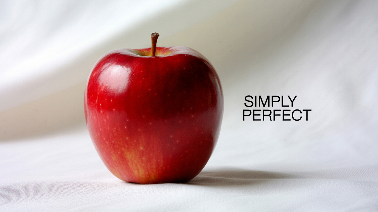 A professional product advertisement featuring a perfectly cutout red apple floating against a clean background with the text 'Simply Perfect', demonstrating the result of a transparent background tool.
