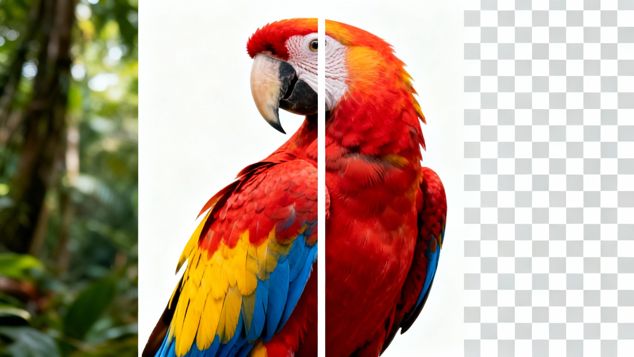 A vibrant scarlet macaw illustrating a background removal effect; one side shows the original jungle background, and the other shows a checkerboard pattern representing transparency.
