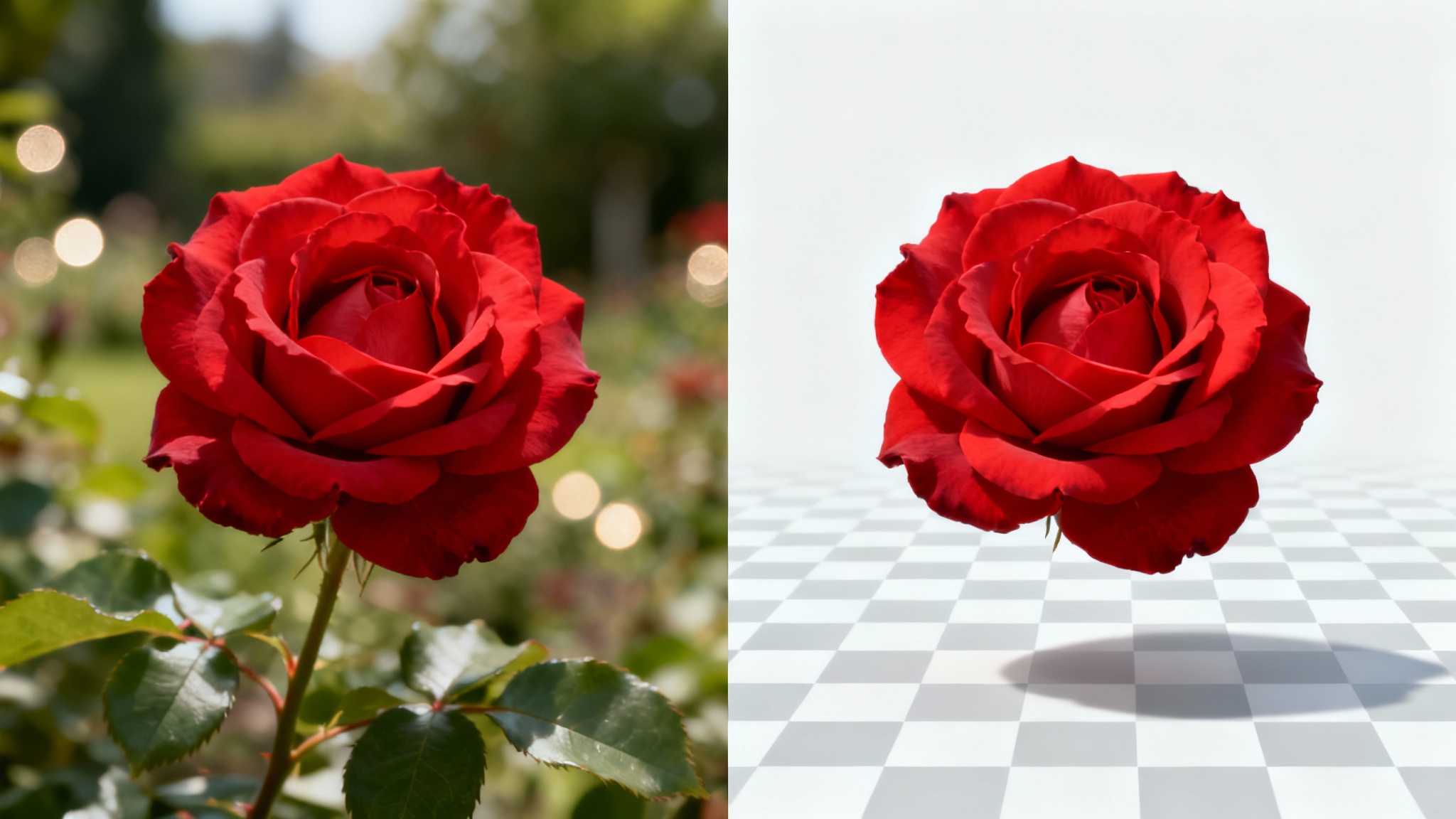 A red rose shown half with its original garden background and half with the background removed, revealing a checkerboard pattern to symbolize transparency.