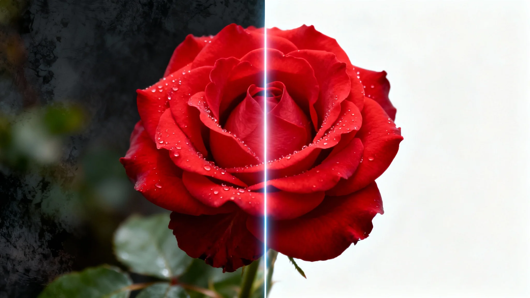 A red rose, half on a dark background and the other half on a clean white background, visually representing the concept of background removal.