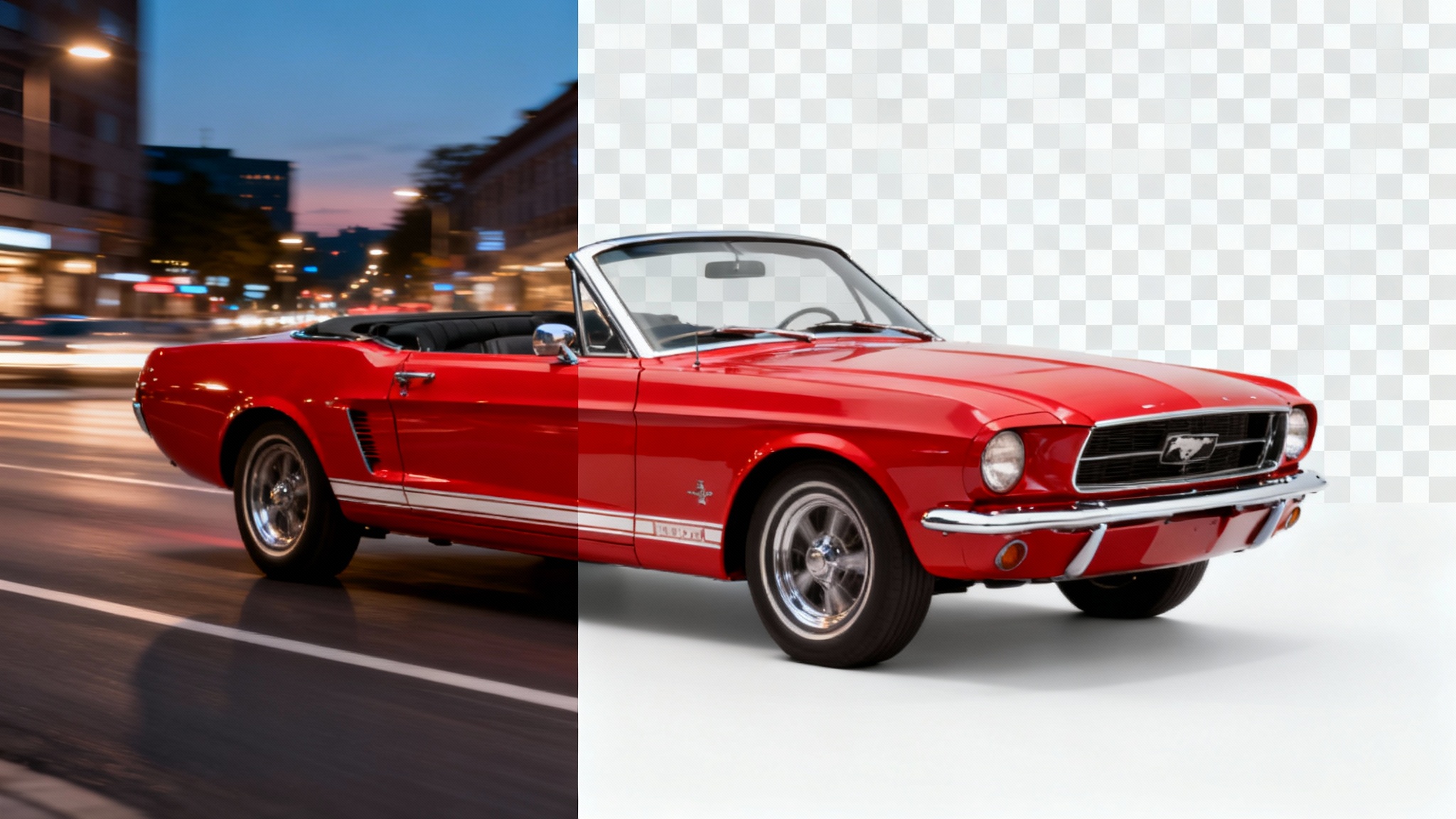 A classic red convertible car is shown half on a city street and half with its background removed, represented by a checkerboard pattern, to illustrate the transparent background feature.