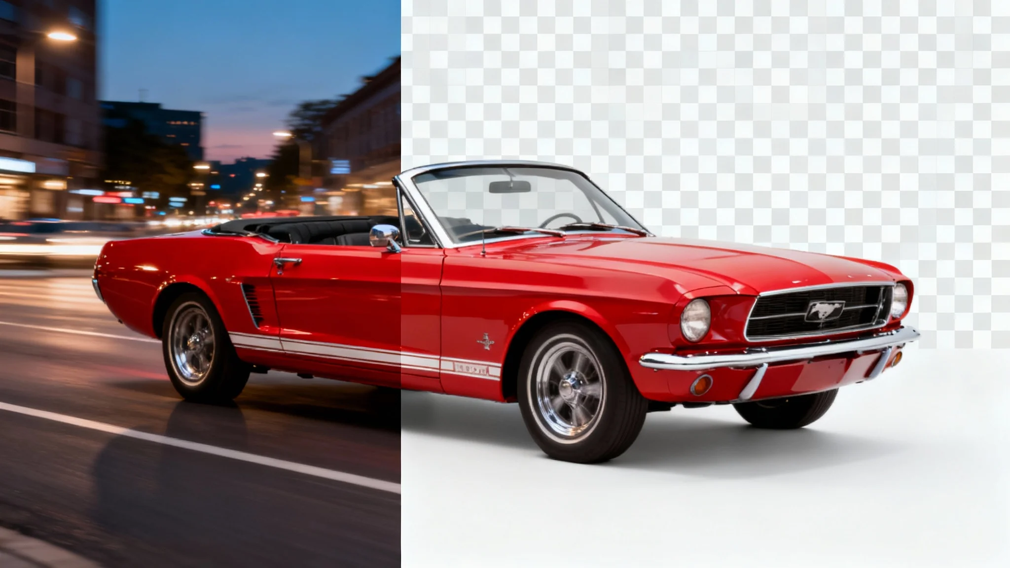 A classic red convertible car is shown half on a city street and half with its background removed, represented by a checkerboard pattern, to illustrate the transparent background feature.