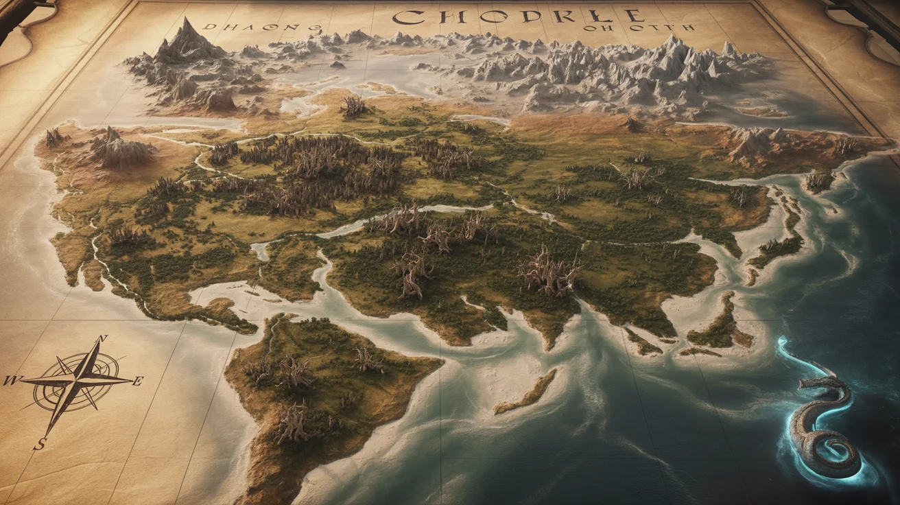 An epic, widescreen fantasy map on aged parchment, showing mountains, forests, and cities with fictional names, in a classic, hand-drawn cartography style.