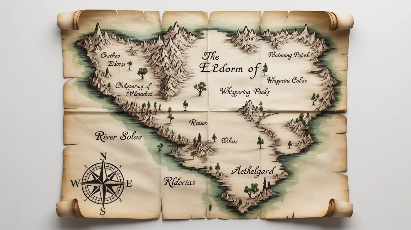 An overhead view of a detailed, hand-drawn fantasy map of 'The Realm of Eldoria' on aged parchment, featuring mountains, rivers, and cities, isolated on a white background.