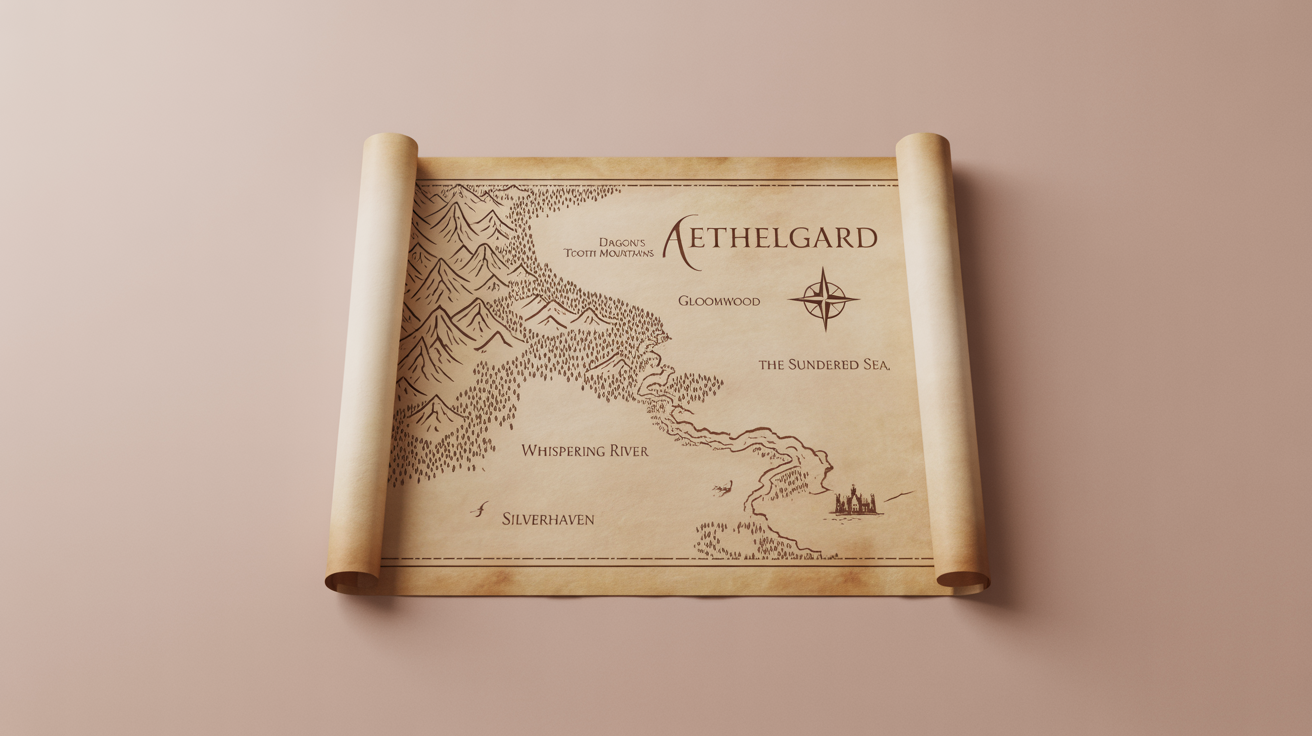 A mockup of a detailed, hand-drawn fantasy map on aged parchment, featuring mountains, forests, and cities with legible fantasy names, all set against a clean white background.