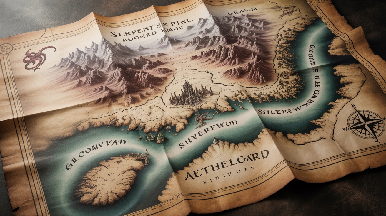 An intricately detailed fantasy map on aged parchment, featuring mountains, forests, and cities with elegant calligraphic labels, displayed on a clean white background.