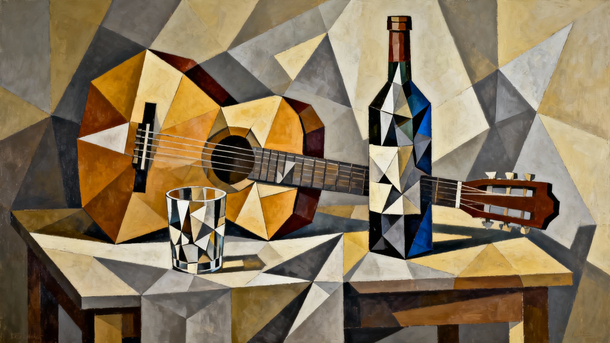 A stunning digital artwork in the Cubist style, showing a still life with a fragmented guitar, bottle, and glass, all broken down into geometric shapes and viewed from multiple angles.