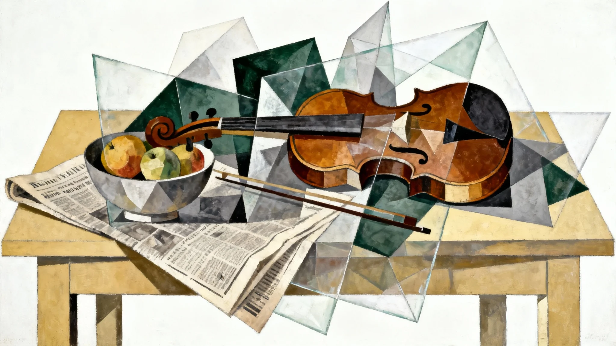 A detailed cubist painting of a still life featuring a violin and a bowl of fruit, shown with fragmented shapes and multiple perspectives against a plain white background.