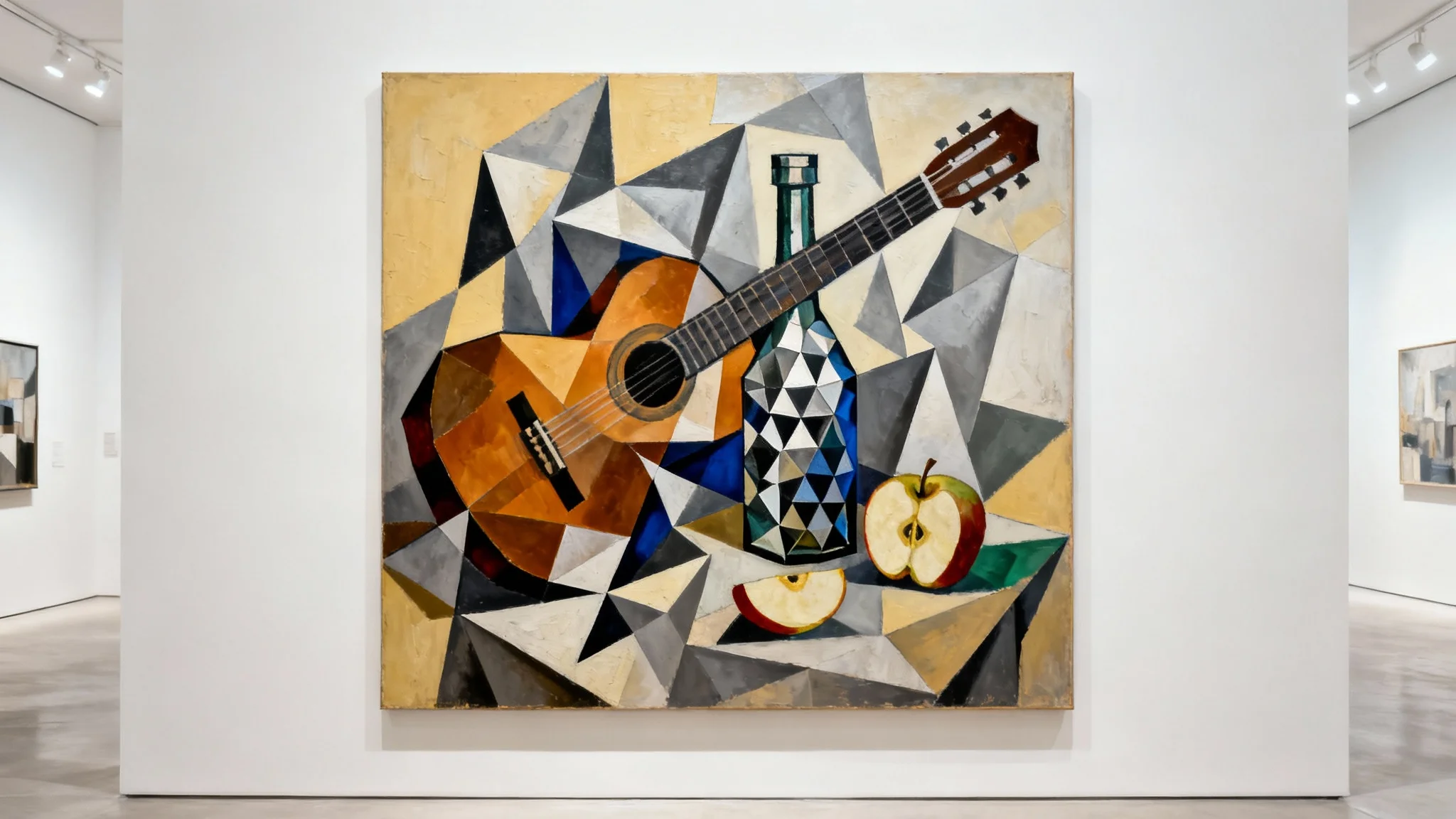 A vibrant Cubist painting of a still life featuring a fragmented guitar, a bottle, and an apple, all rendered in geometric shapes against a clean white background.