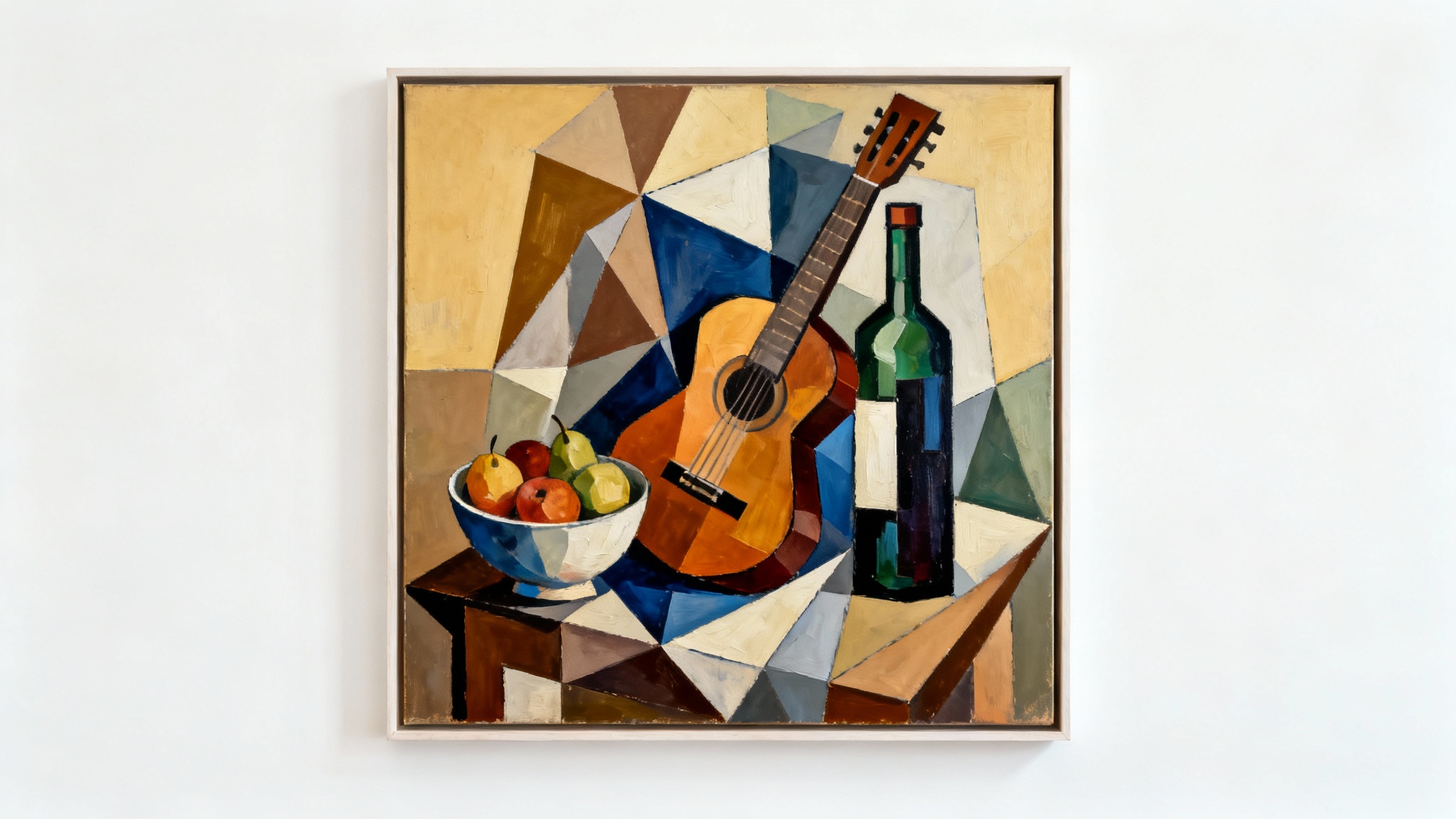 A mockup of a cubist painting featuring a deconstructed still life of a guitar and fruit bowl, displayed against a clean white background.