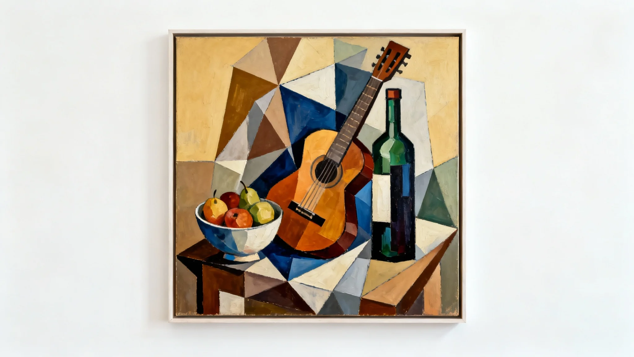 A mockup of a cubist painting featuring a deconstructed still life of a guitar and fruit bowl, displayed against a clean white background.