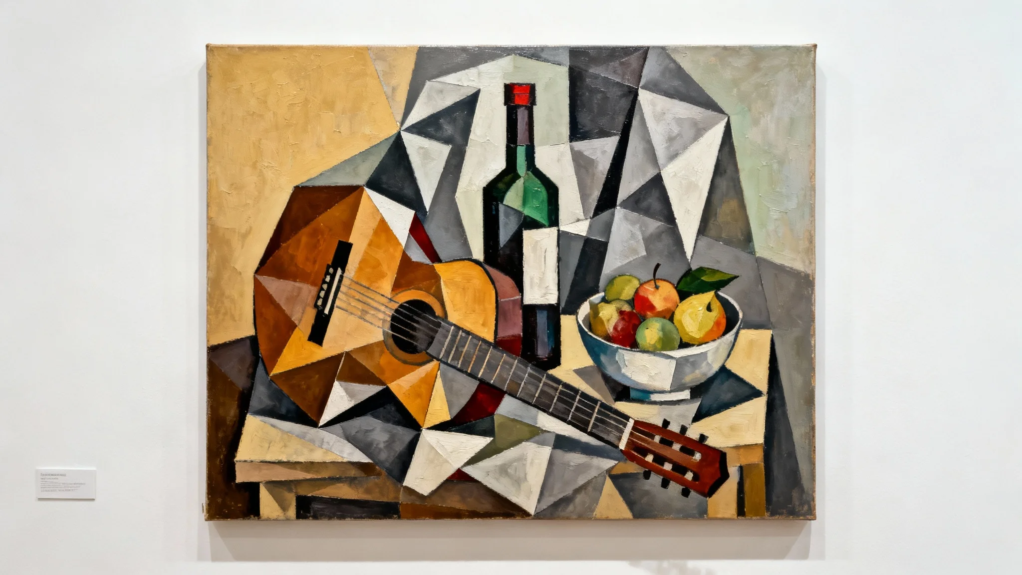 A high-quality image of a cubist painting featuring a fragmented guitar and still life objects, displayed against a plain white background.
