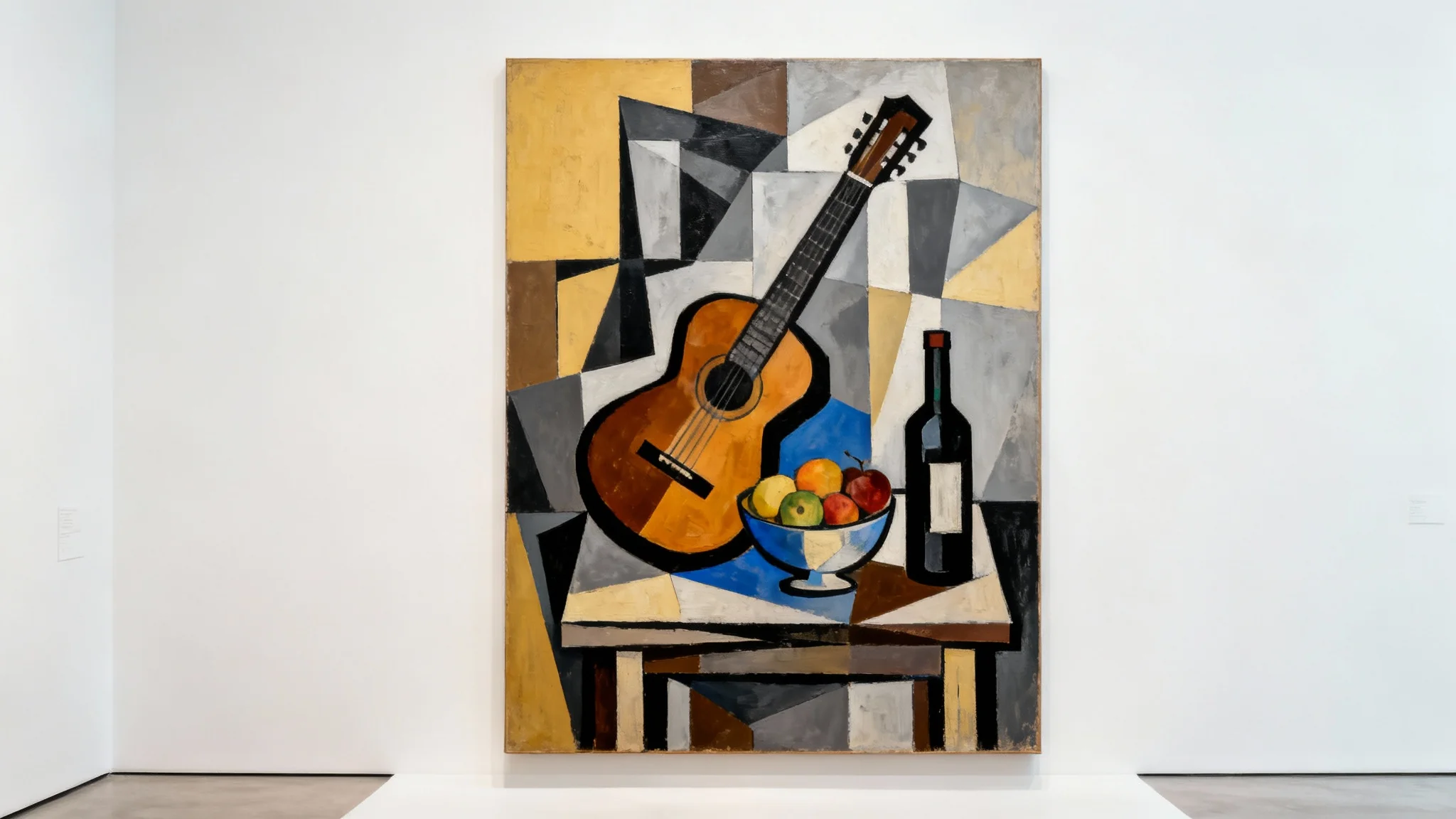A cubist painting of a still life, featuring a deconstructed guitar and fruit bowl in earth tones, displayed against a stark white background.