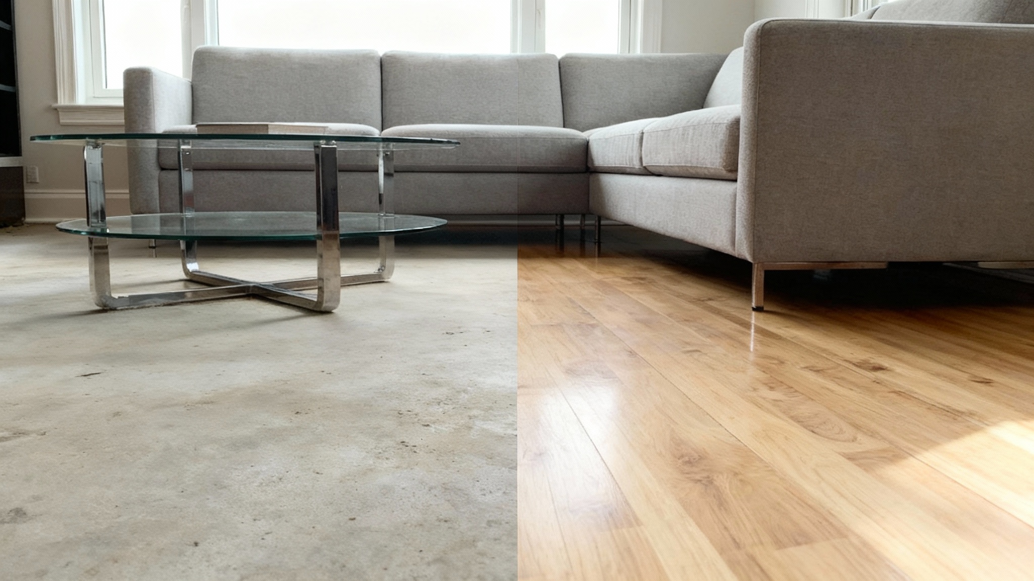 A split-screen comparison image of a modern living room. The 'before' side shows a plain concrete floor, and the 'after' side shows the same room with a beautiful new light oak hardwood floor installed, demonstrating the result of a flooring visualizer.